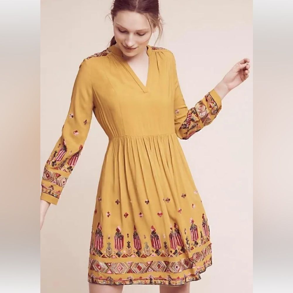 Floreat Yellow Embroidered Tunic Mini Dress| Size XS
